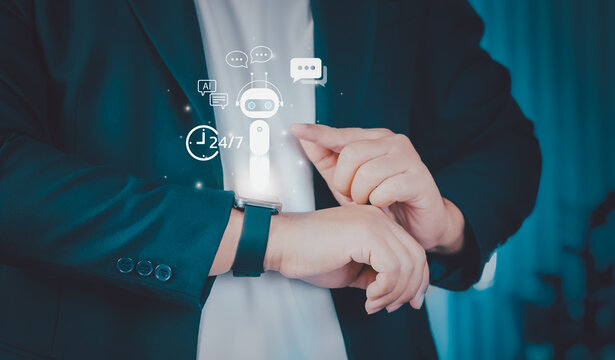 Businessman using smartwatch with holographic AI chatbot icons and 24/7 service symbol, representing digital assistance, secure communication, and next-gen technology for modern business support. - Powered by Adobe
