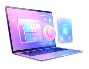 Tablet with Cloud Syncing Animation Arrows and App Icons, isolated