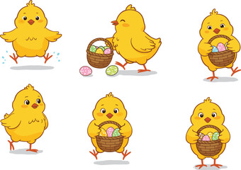 Cute baby chicks with Easter eggs in basket, happy cartoon yellow chickens, spring holiday celebration illustration, adorable Easter vector design