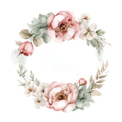 Watercolor Floral Wreath with Pink Peonies and Delicate White Blossoms Perfect for Wedding Invitations and Romantic Designs