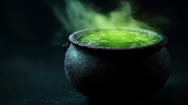 A mysterious black cauldron simmers with vibrant green liquid, releasing wisps of steam in a dark, atmospheric setting, evoking a sense of magic and intrigue for creative projects