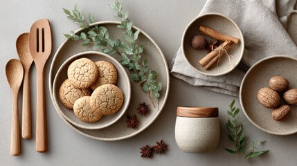 Rustic kitchen scene with cookies, wooden utensils, and natural decor elements