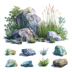 Watercolor Landscape Illustration of Stones and Plants with Natural Textures and Varied Rock Forms and Vegetation