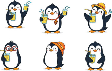 Cute cartoon penguins drinking lemonade, adorable penguin characters with glasses and hats, funny summer penguin illustration, refreshing cold drink vector