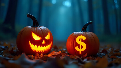 A halloween pumpkin carved with glowing dollar logo and jack-o'-lantern on the ground, spooky dark forest background at night - cryptocurrency, Halloween festive celebration, holiday season concept 