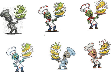 Funny cartoon zombie chef holding plate of disgusting food, creepy undead cook illustration, horror Halloween artwork, spooky monster cooking character design