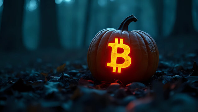 A halloween pumpkin carved with glowing Bitcoin logo on the ground, spooky dark forest background at night - cryptocurrency, Halloween festive celebration, holiday season concept