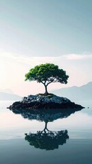 Lonely tree atop rock in serene water, mountain backdrop
