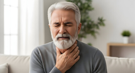 Senior Man Struggles with a Sore Throat Cold Flu or Illness Unwell Mature Person Feeling Discomfort Experiencing Painful Swallowing Ailment Unhealthy Discomfort Virus Grippe