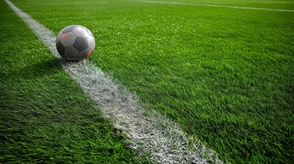 Outdoor soccer field with well maintained green grass and white boundary lines,