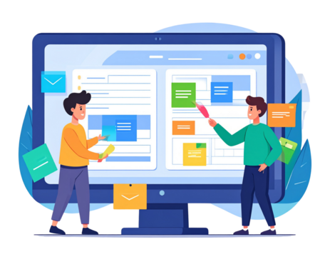 Team Collaboration on UX/UI Wireframe Design, Abstract Characters with Sticky Notes, isolated