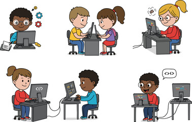 Happy kids coding on computers, learning programming, teamwork in classroom, technology education, software development, digital literacy, creative coding illustration