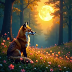 Golden moon bathes majestic fox in wildflowers, enchanted forest , plants, fox, mystical