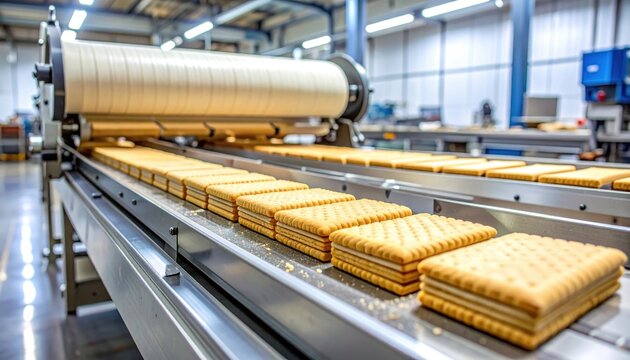 Cream-filled biscuits on a conveyor belt in a food factory