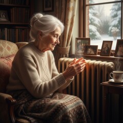 A woman in a white sweater is sitting in a chair by a radiator