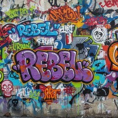 A wall covered in graffiti with the word rebel written in purple