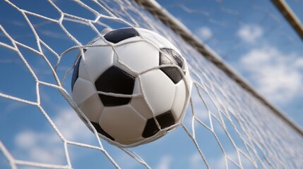 Naklejka premium A soccer ball lodged in the net of a goal frame under bright daylight with a clear blue sky overhead.