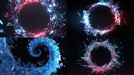 Four abstract visuals of swirling, crystalline fragments forming halos & spiral, with glowing blue & red hues