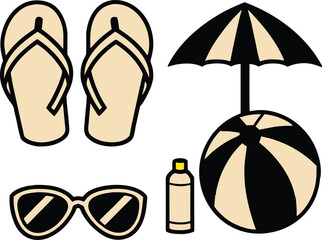 Beach essentials including flip flops sunglasses sunscreen umbrella and beach ball