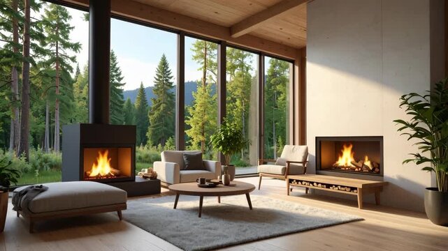Bright living room interior with two fireplaces and large windows overlooking a forest, featuring warm, neutral tones and modern furniture
