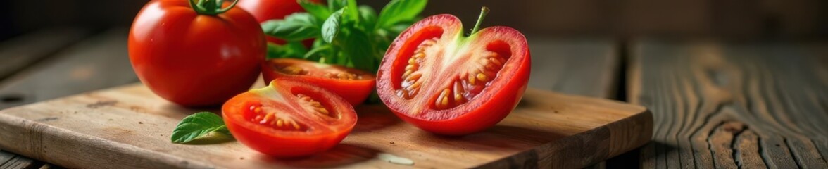 Halved tomato on weathered wood cutting board, fresh, tomato