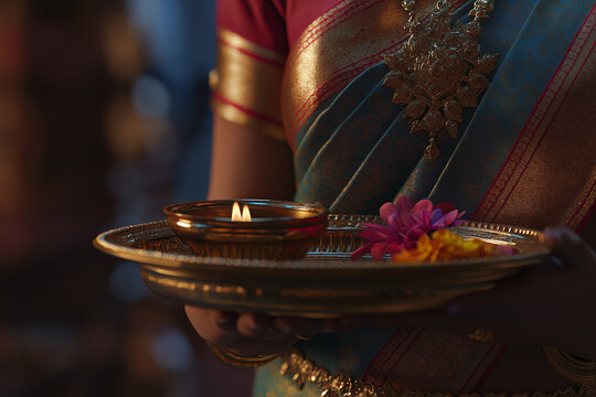 Woman in Nauvari Saree Holding Brass Aarti Thali
