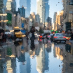 A blurry cityscape with a reflection of a person walking in the rain