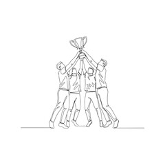 Continuous one line drawing of a team lifting a trophy together. Vector illustration of success, victory, and teamwork celebration.