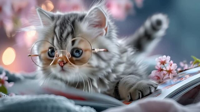 Pet Humanization of kitten wearing glasses reading children&rsquo;s book, adorable feline lifestyle stock photo concept, educational cozy theme, cute cat portrait for family markets