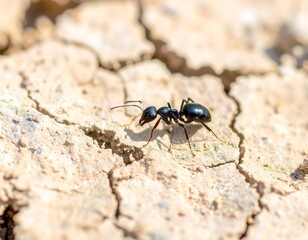 Macro of a black ant on dry cracked ground