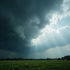 Heavy, gray summer storm clouds build ominously , threatening sky, backdrop