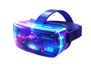 VR Headset Displaying Futuristic Game Interface, isolated