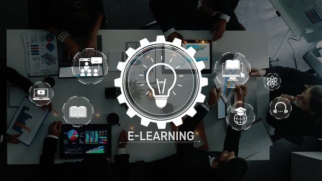 Visual representation of e-learning in a modern workspace, showcasing collaboration among professionals with creative elements for an engaging online education experience. Raster
