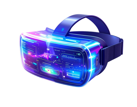 VR Headset Displaying Futuristic Game Interface, isolated