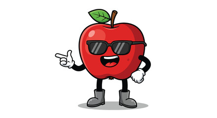 Cartoon Red Apple Character Wearing Sunglasses and Pointing.