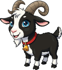 Cute cartoon baby goat illustration with big blue eyes, farm animal drawing, adorable goat character design, vector clipart, livestock art image