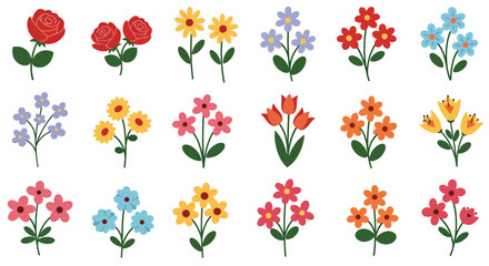 Collection of colorful stylized floral illustrations with green stems and leaves.