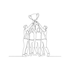 Continuous one line drawing of a team lifting a trophy together. Vector illustration of success, victory, and teamwork celebration.