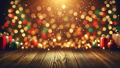 Festive christmas background with bokeh lights, gifts, and wooden table