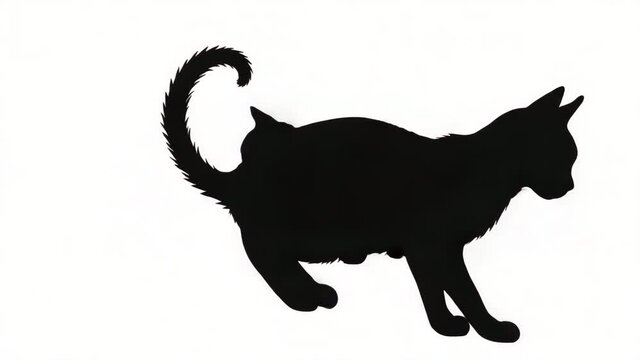 The black cat silhouette walks forward across the white background