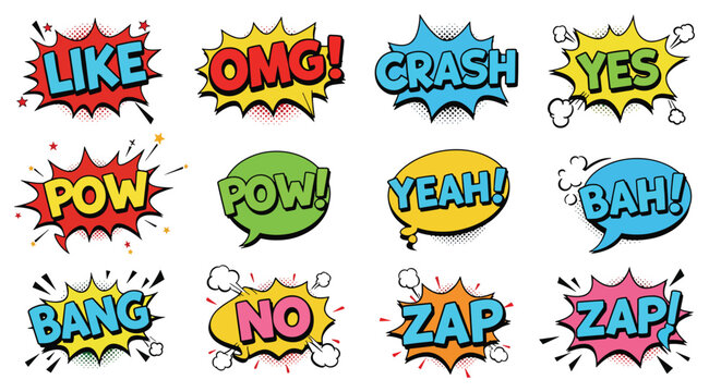 Collection of Comic Book Speech Bubbles with Onomatopoeia and Exclamations. - Powered by Adobe