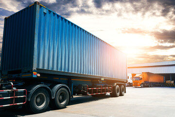 Semi Trailer Trucks on The Parking Lot at The Warehouse. Shipping Cargo Container. Trucks Loading Goods at Dock Warehouse. Distribution Warehouse. Big rig. Freight Logistics Truck Transport.	
