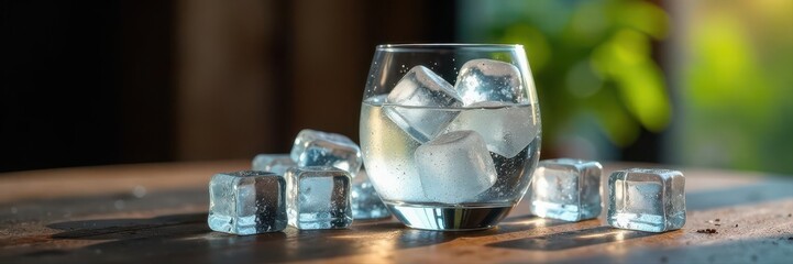 Ice cubes melting in a glass of water on a wooden table, glass, light, ice