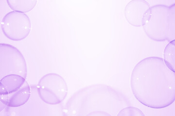 Beautiful Clear Purple Soap Bubbles Floating in The Air. Celebration Festive Backdrop. Freshness Soap Suds Bubbles Water. Purple and White Gradient Textured.	

