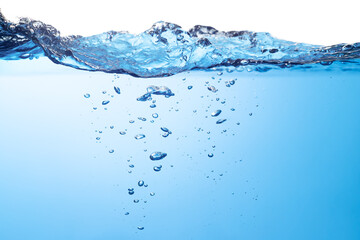 Air Bubbles Float Up Underwater. Water Splashing, Pure Drinking Water, Oxygen Relaxation. Blue Water Textured on White Background.	

