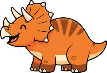 Cartoon triceratops dinosaur with orange body, smiling face, three horns, frilled crest, isolated vector illustration for kids education