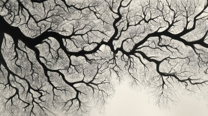 Fototapeta premium Intricate black and white tree branches extend from opposite sides, nearly meeting but not touching,