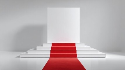 Fototapeta premium Empty stage with a large blank square panel backdrop, vibrant red carpet leading down styled steps, minimalist design.