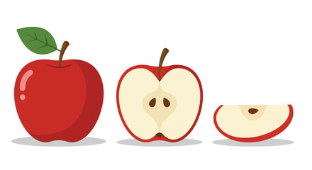 Whole Halved and Sliced Red Apple with Green Leaf.