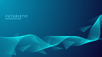 Abstract dynamic glowing line waves on a dark blue background. Futuristic technology background design template